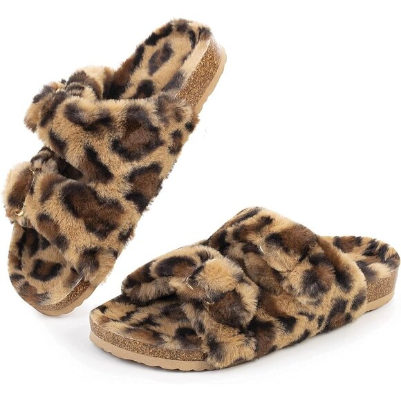 Women's Leopard Cozy Lining Faux Rabbit Fur Cork Open Slipper Sandals Shoes - Picture 1 of 7